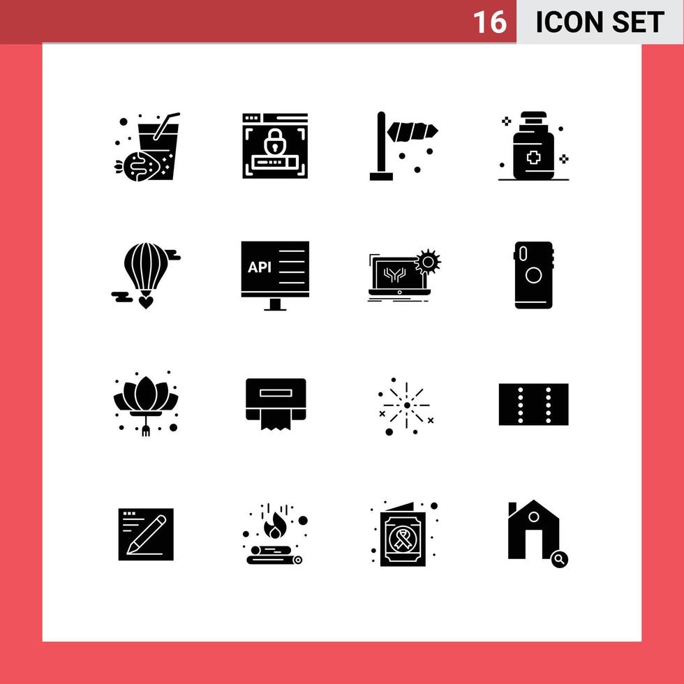 Group of 16 Modern Solid Glyphs Set for valentine hot baloon wind flying baloon medicine Editable Vector Design Elements