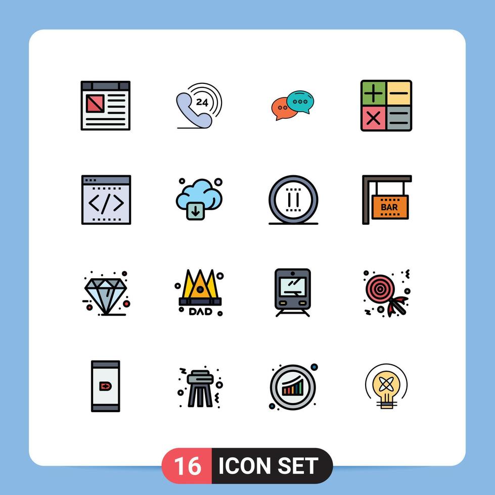 16 Thematic Vector Flat Color Filled Lines and Editable Symbols of office coding chat business calculator Editable Creative Vector Design Elements