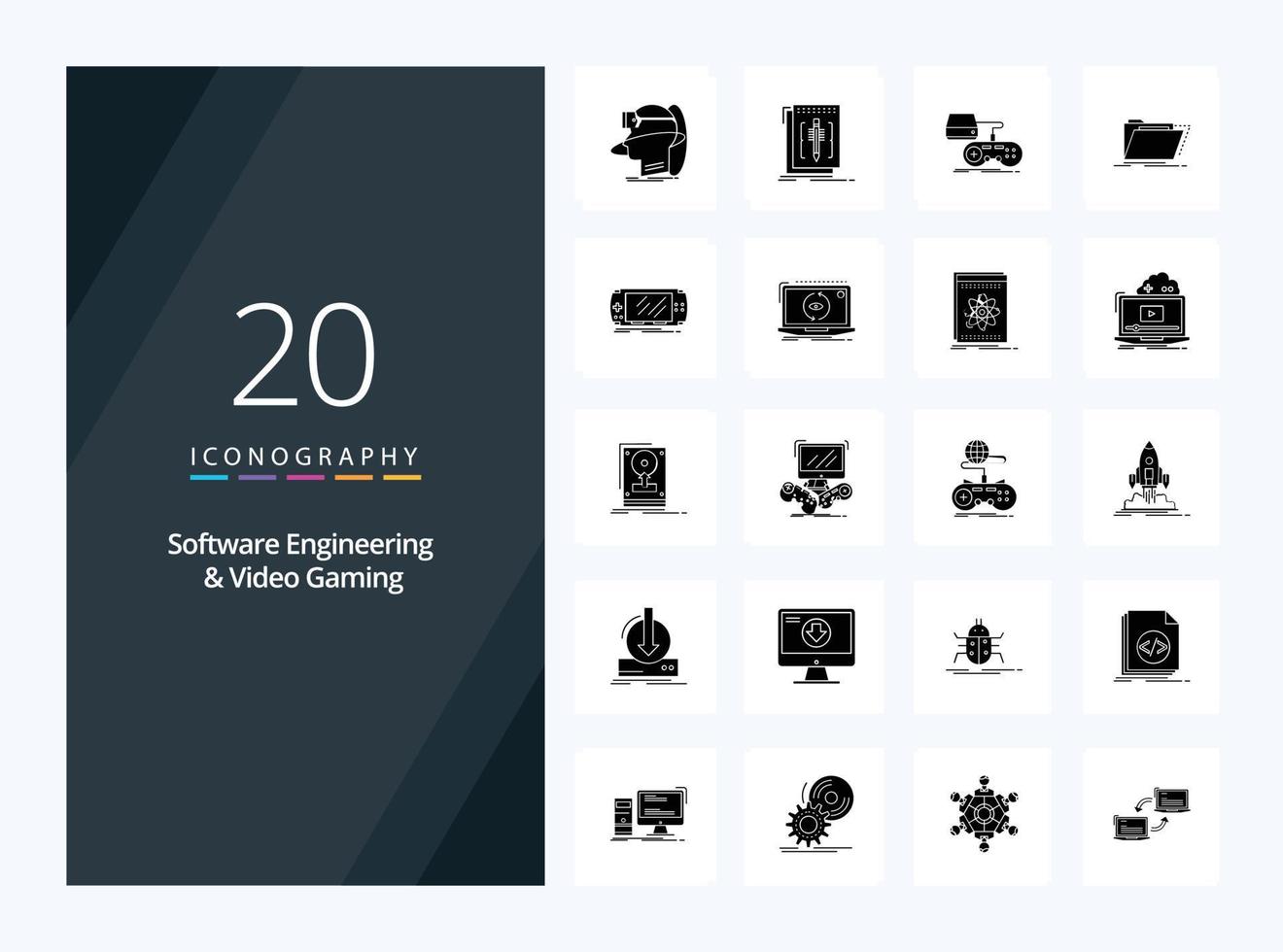 20 software Ingenieria y vídeo juego de azar sólido glifo icono para presentación vector