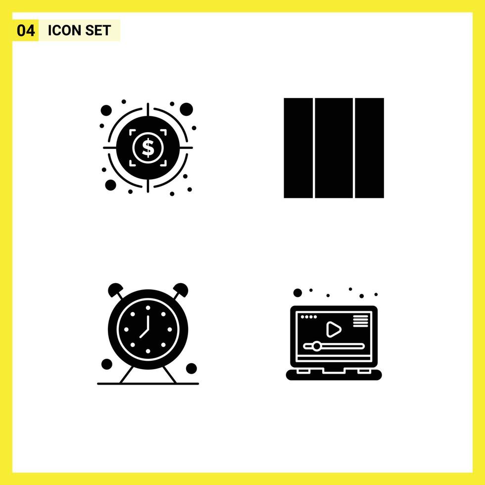 Set of 4 Commercial Solid Glyphs pack for money timer grid clock player Editable Vector Design Elements