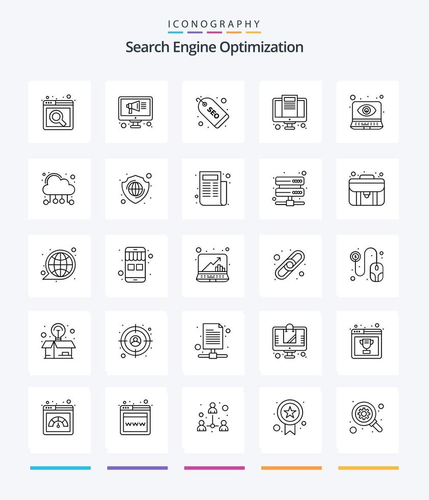 Creative Seo 25 OutLine icon pack  Such As computing. web cyber monitoring. tag. monitoring eye. seo vector