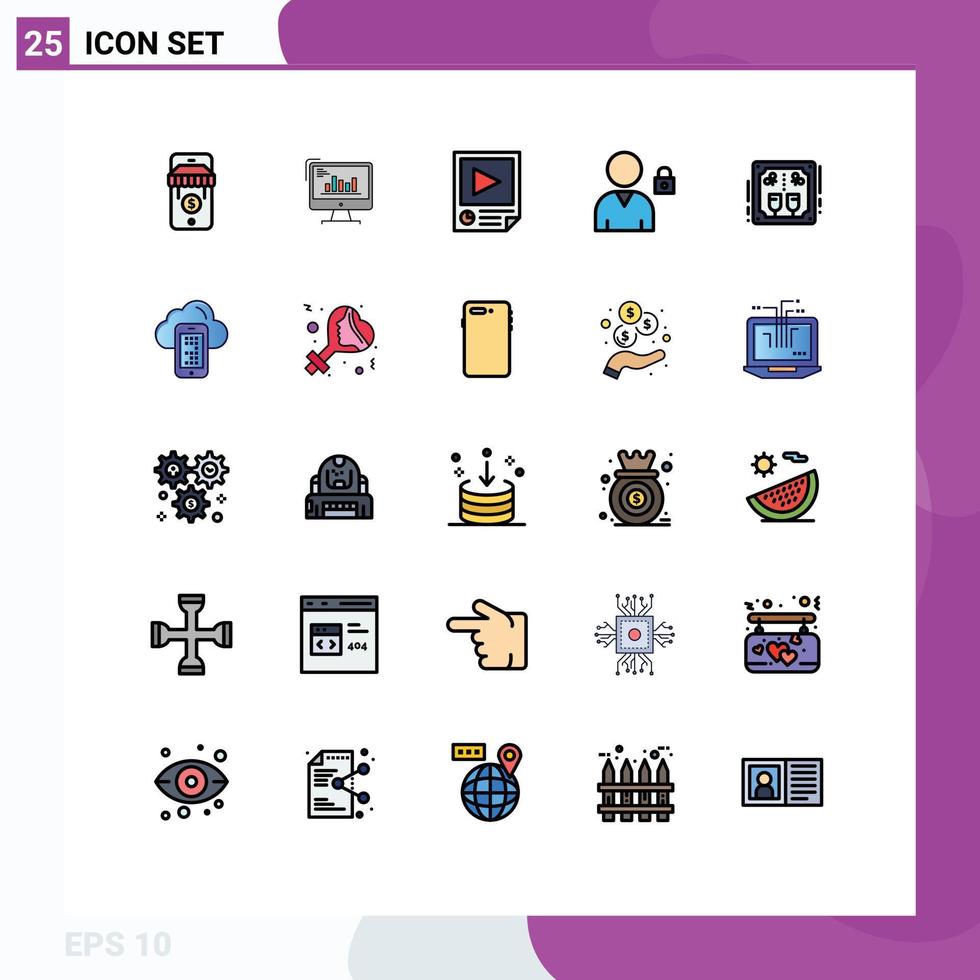 Group of 25 Modern Filled line Flat Colors Set for user block marketing report paper Editable Vector Design Elements