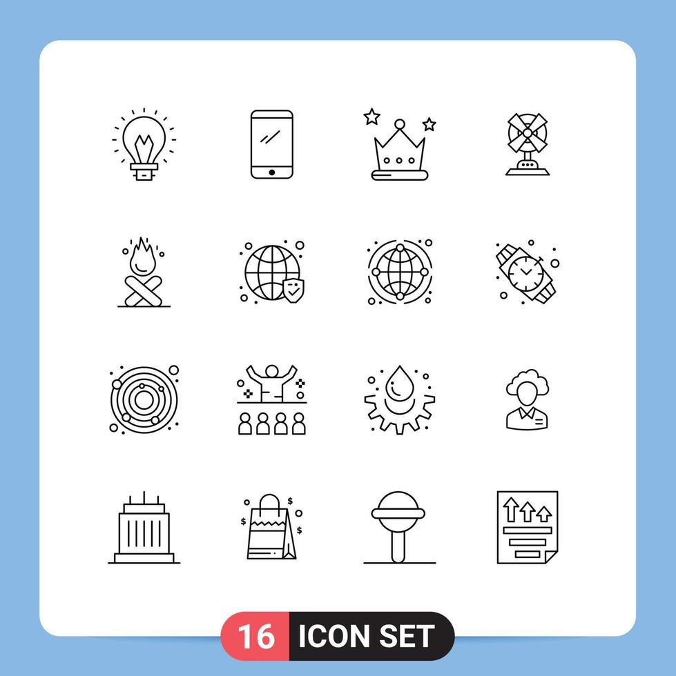 Pack of 16 Modern Outlines Signs and Symbols for Web Print Media such as bonfire home iphone fan wreath Editable Vector Design Elements