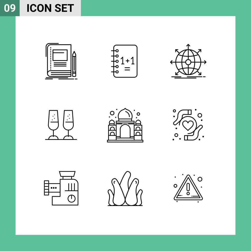 User Interface Pack of 9 Basic Outlines of toasting champagne glasses celebration network Editable Vector Design Elements