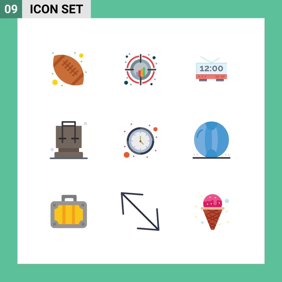 Set of 9 Commercial Flat Colors pack for clock camping trend bag machine Editable Vector Design Elements
