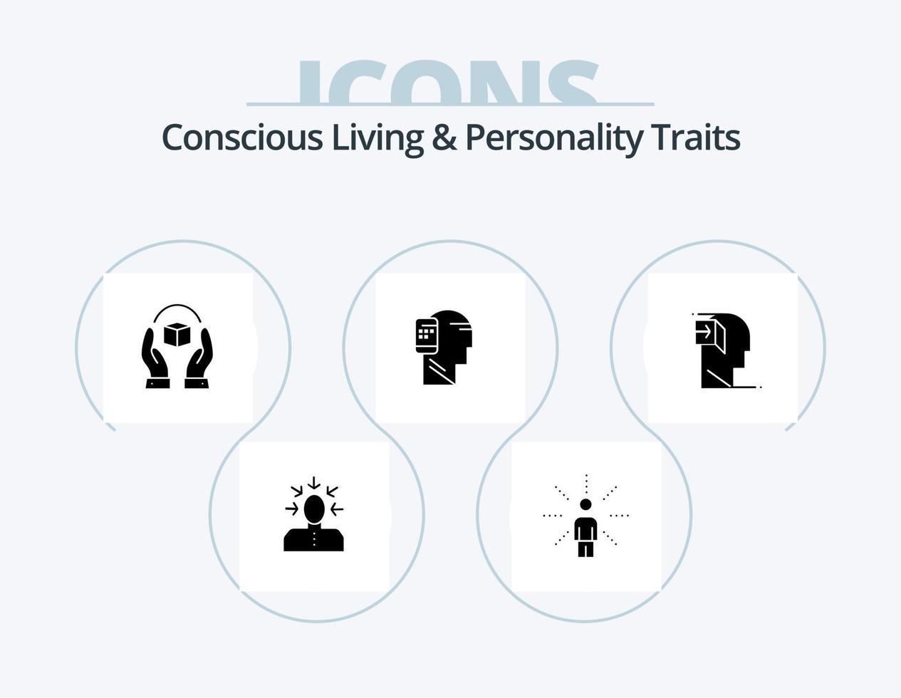 Concious Living And Personality Traits Glyph Icon Pack 5 Icon Design. human. communication. perception. responsibility. handle vector