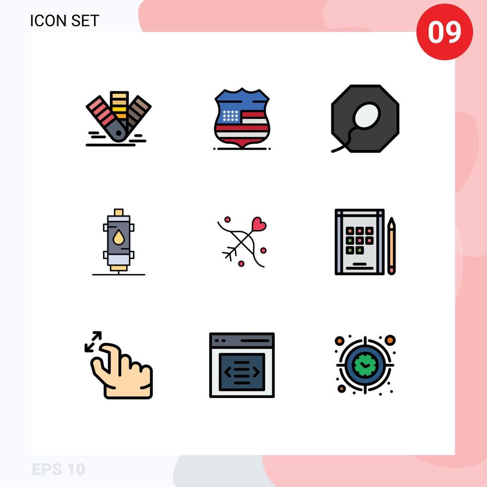 Set of 9 Modern UI Icons Symbols Signs for archery gas security hot water Editable Vector Design Elements