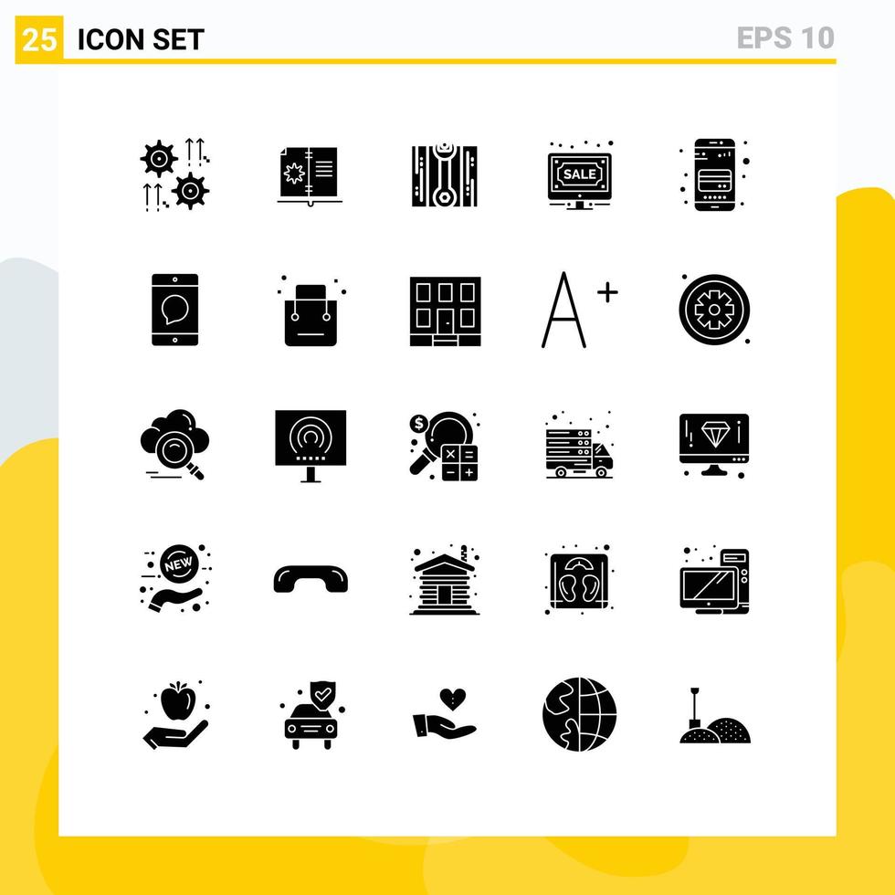 25 Universal Solid Glyph Signs Symbols of atm card online instruction internet auction Editable Vector Design Elements