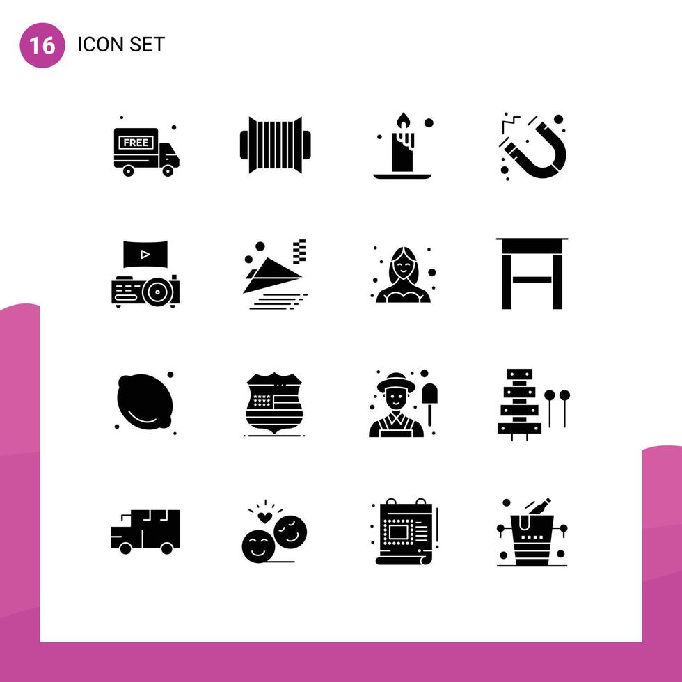 16 User Interface Solid Glyph Pack of modern Signs and Symbols of paper plane theatre fire projector school Editable Vector Design Elements