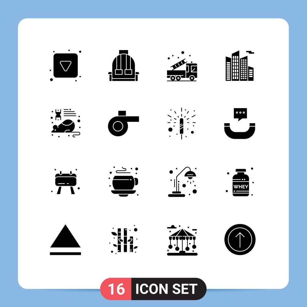 Pack of 16 Modern Solid Glyphs Signs and Symbols for Web Print Media such as laboratory skyscraper alarm office truck Editable Vector Design Elements