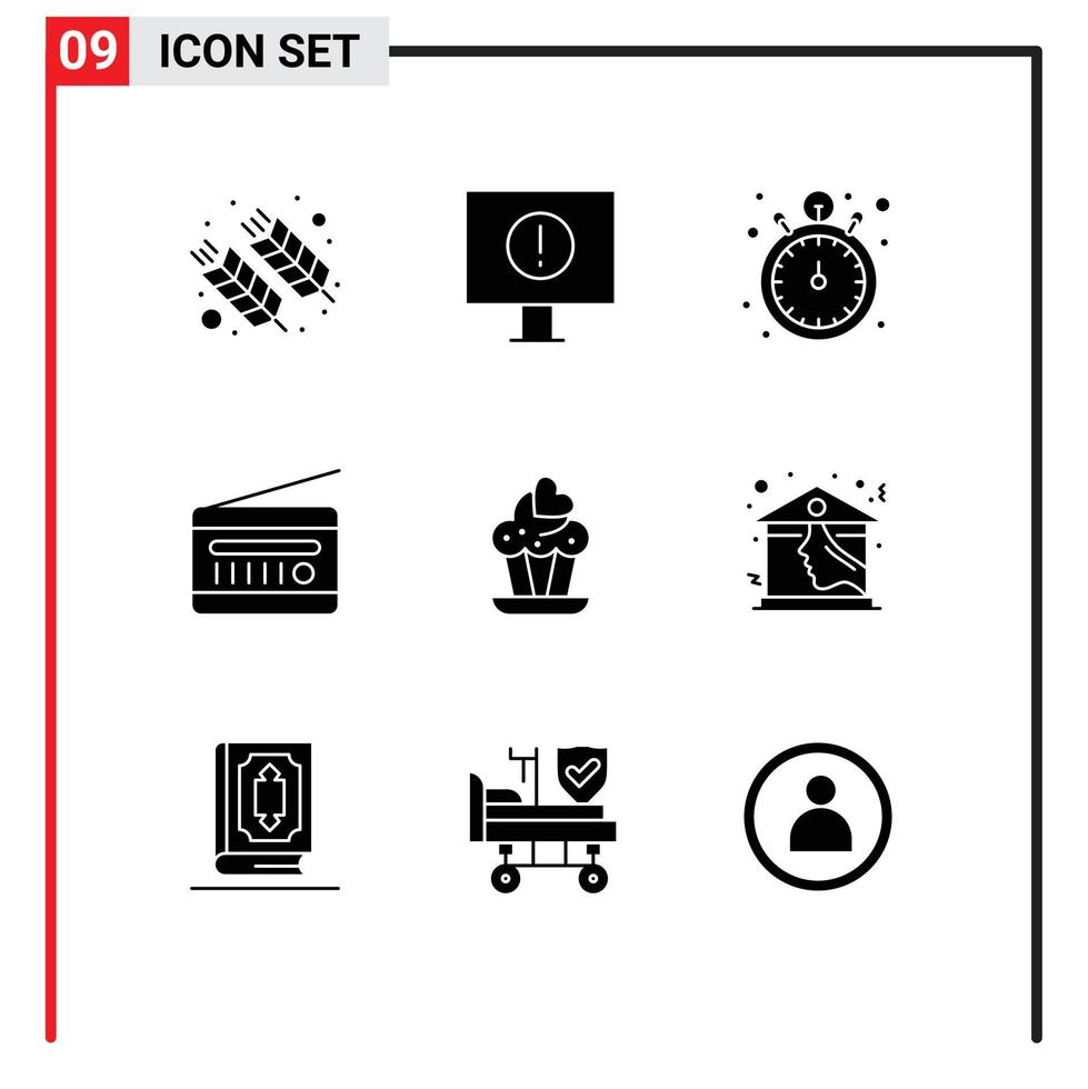 Group of 9 Solid Glyphs Signs and Symbols for cupcake radio receiver pocket watch radio audio broadcasting Editable Vector Design Elements