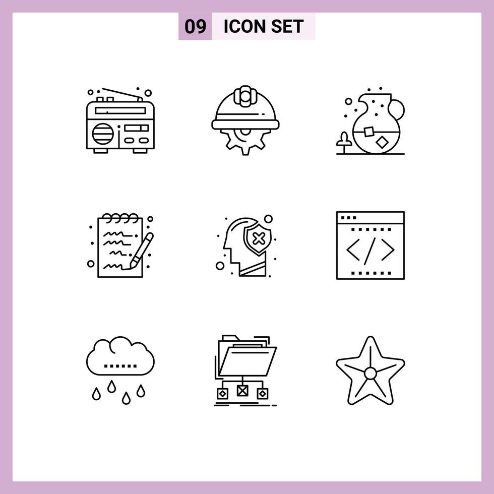 Set of 9 Modern UI Icons Symbols Signs for human brain ice notepad document Editable Vector Design Elements