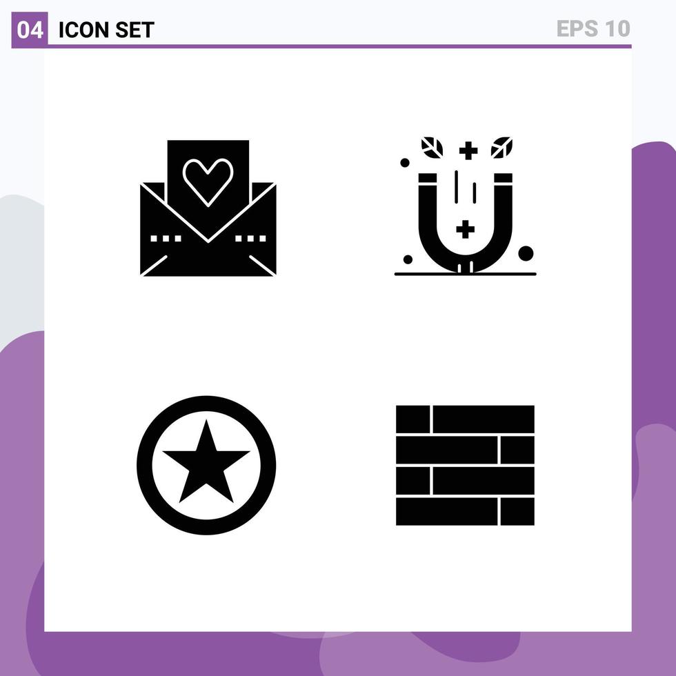 4 Universal Solid Glyphs Set for Web and Mobile Applications heart badge mail physics medal Editable Vector Design Elements