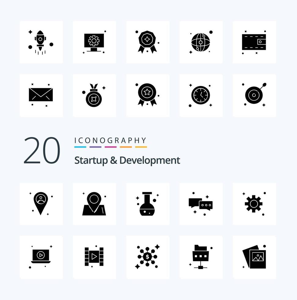 20 Startup And Develepment Solid Glyph icon Pack like cogs gear flask email chatting vector