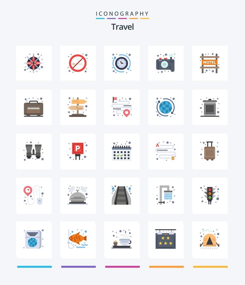 creativo viaje 25 plano icono paquete tal como viajar. alojamiento. alrededor. fotografía. cámara vector