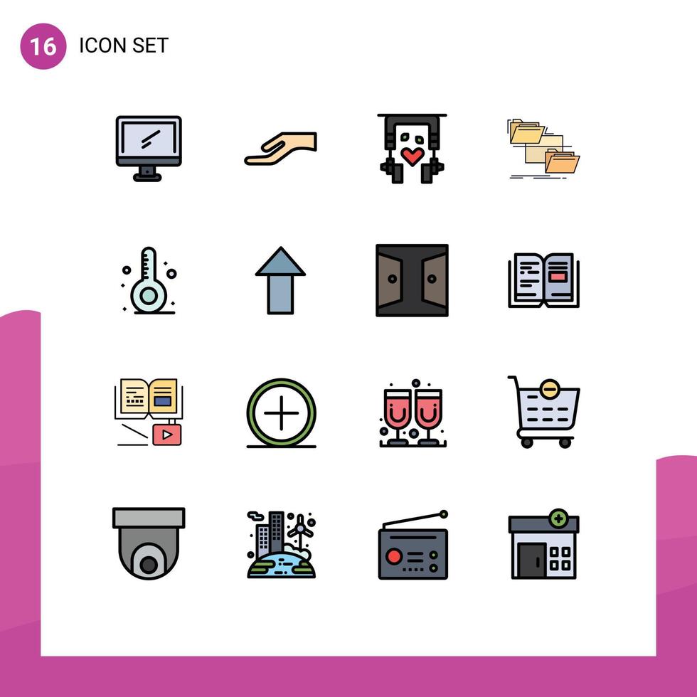 Pack of 16 creative Flat Color Filled Lines of beach move ear buds management folder Editable Creative Vector Design Elements