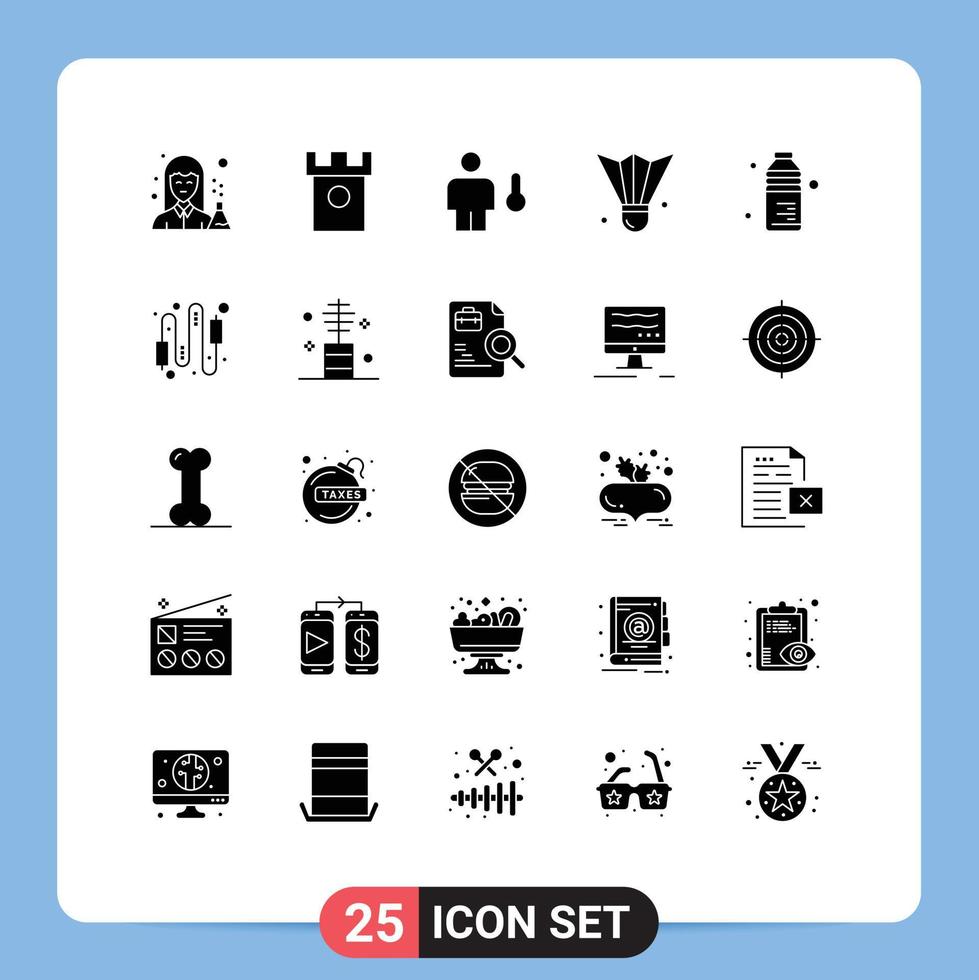 25 Universal Solid Glyphs Set for Web and Mobile Applications feather shuttlecock badminton hills temperature degrees Editable Vector Design Elements