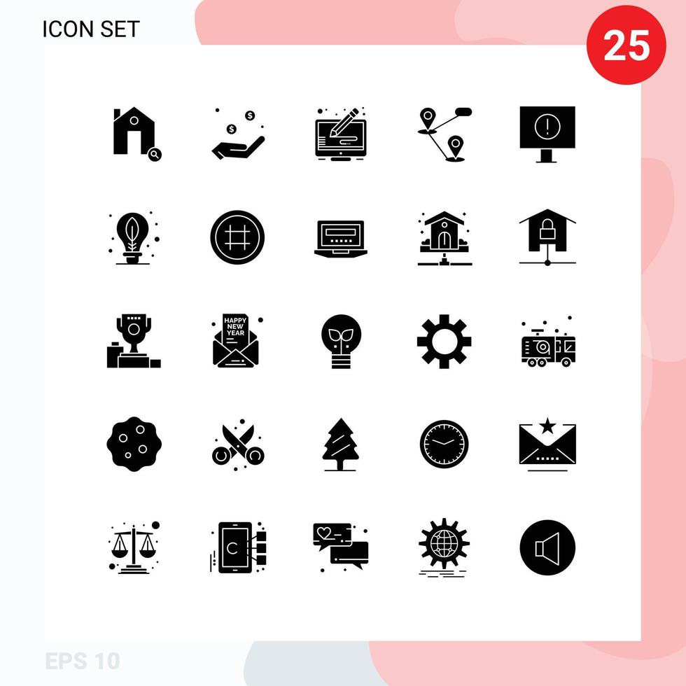 Solid Glyph Pack of 25 Universal Symbols of error map hand location screen Editable Vector Design Elements