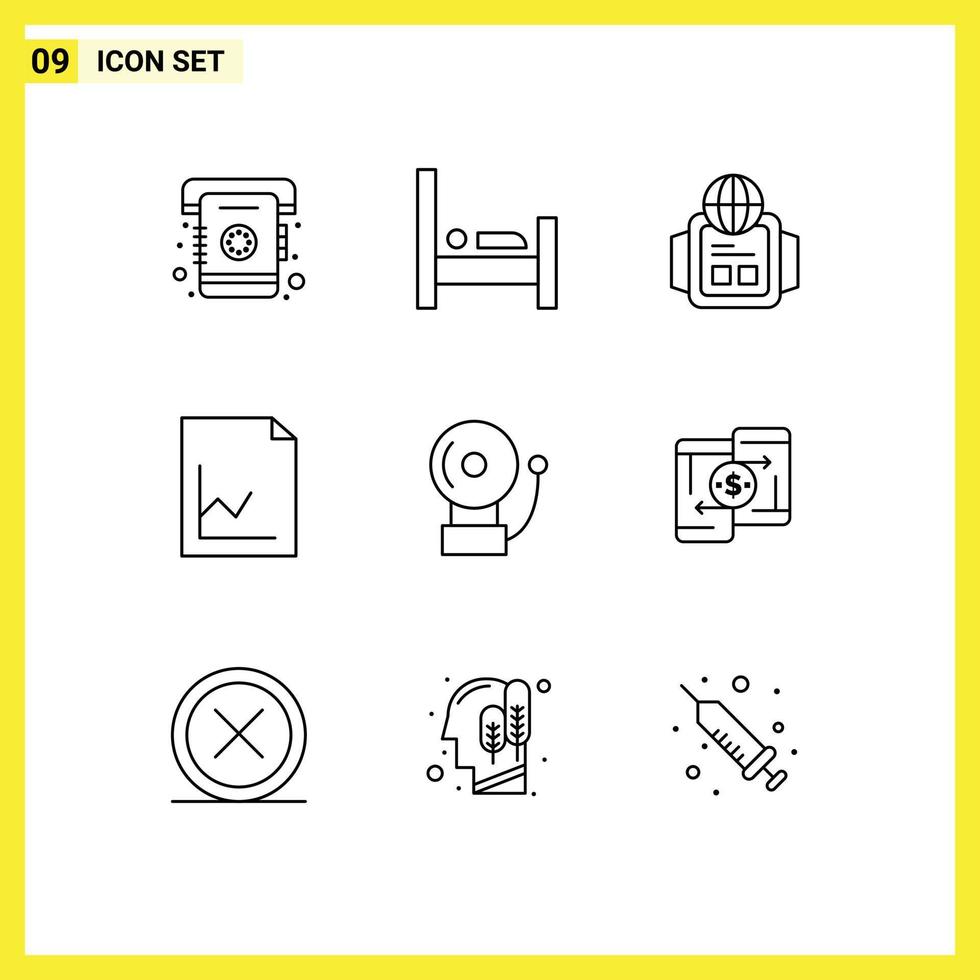 Set of 9 Modern UI Icons Symbols Signs for mobile bell technology alarm document Editable Vector Design Elements