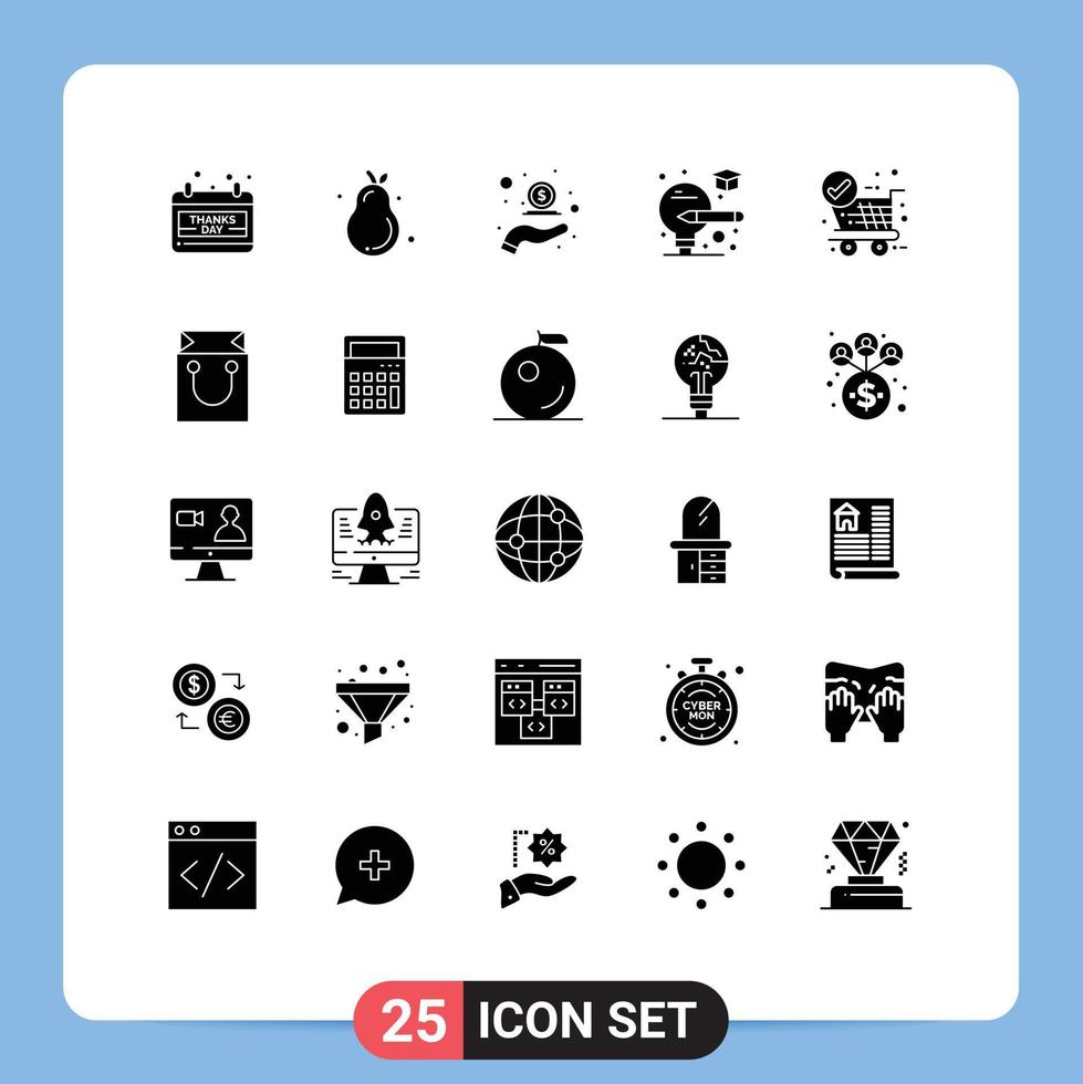 Editable Vector Line Pack of 25 Simple Solid Glyphs of ok graduate cash light money Editable Vector Design Elements