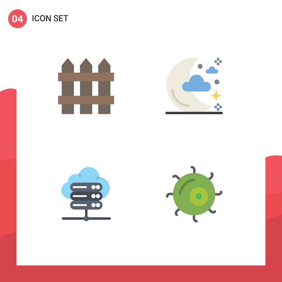 Pack of 4 creative Flat Icons of fence network server wood night cell Editable Vector Design Elements