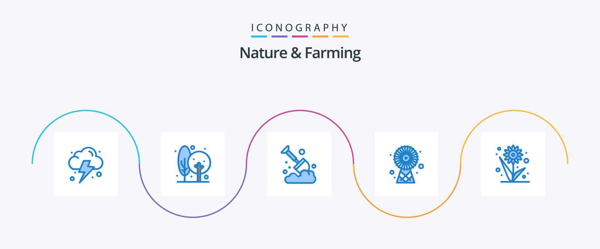 Nature And Farming Blue 5 Icon Pack Including flower. technology. agriculture. energy. buildings vector