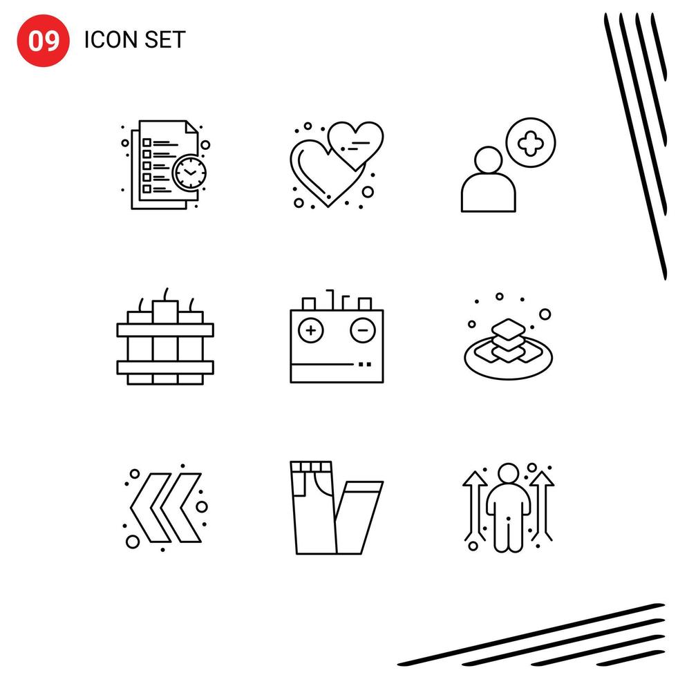 User Interface Pack of 9 Basic Outlines of charge timer love dynamite user Editable Vector Design Elements