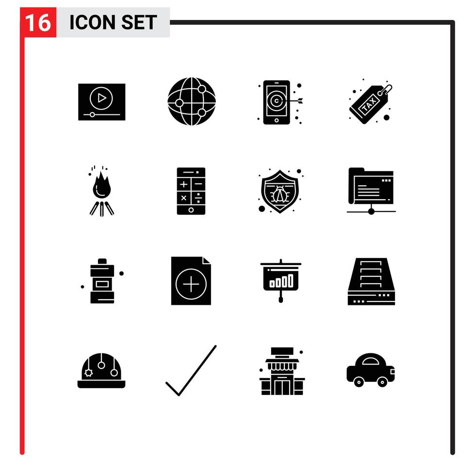 Mobile Interface Solid Glyph Set of 16 Pictograms of bonfire fire target money duty Editable Vector Design Elements