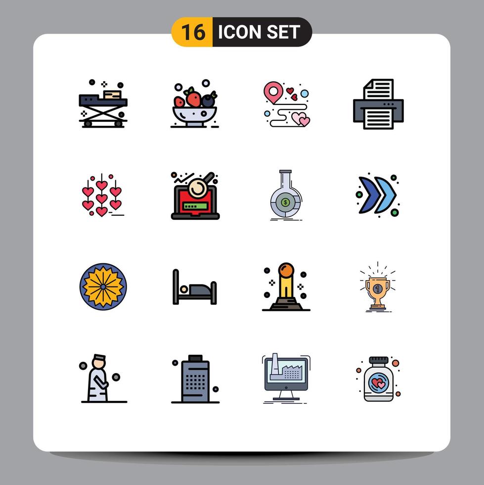 Mobile Interface Flat Color Filled Line Set of 16 Pictograms of love printer destination print party Editable Creative Vector Design Elements