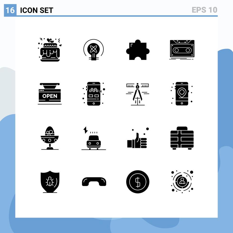 16 Universal Solid Glyphs Set for Web and Mobile Applications shop record add on tape demo Editable Vector Design Elements