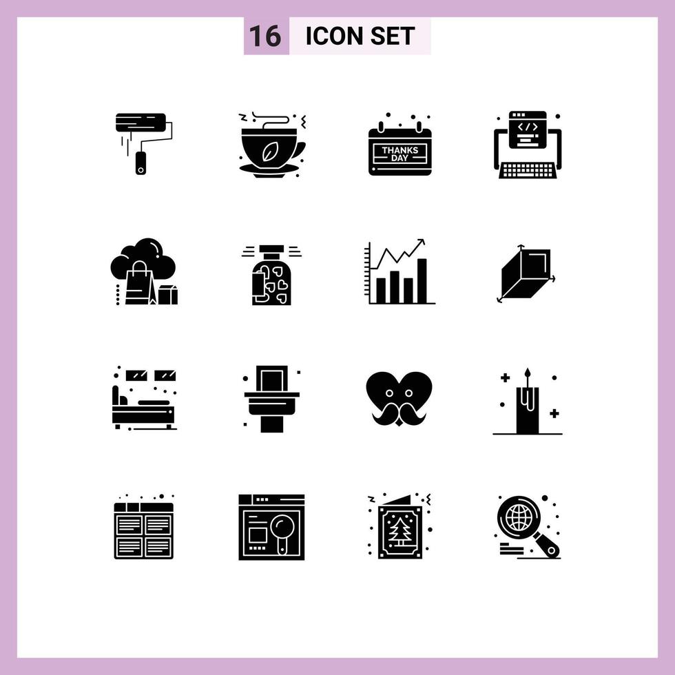 Set of 16 Modern UI Icons Symbols Signs for cloud program food development thanks day Editable Vector Design Elements