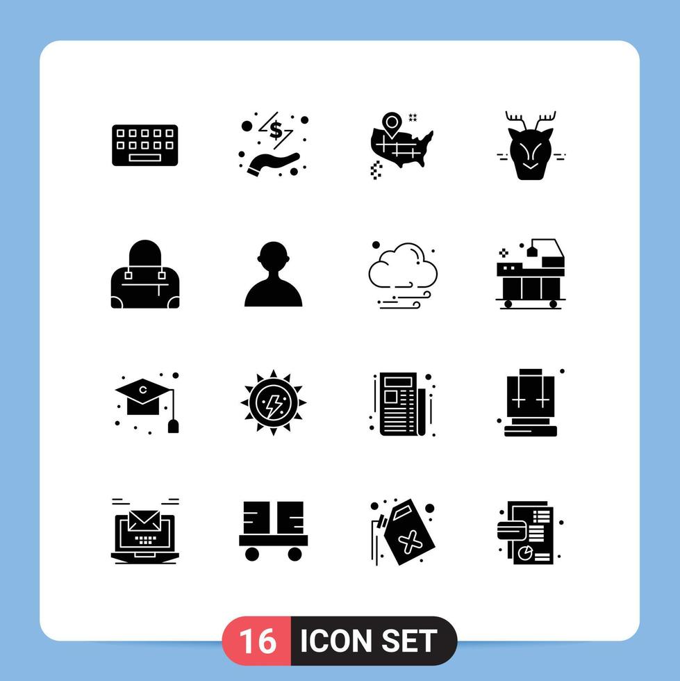 Modern Set of 16 Solid Glyphs Pictograph of avatar bag location reindeer arctic Editable Vector Design Elements