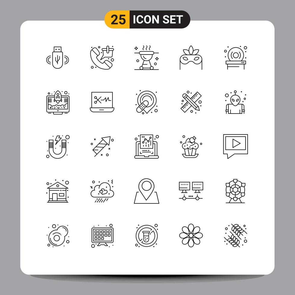 25 Universal Line Signs Symbols of disk mask shopping costume grill Editable Vector Design Elements