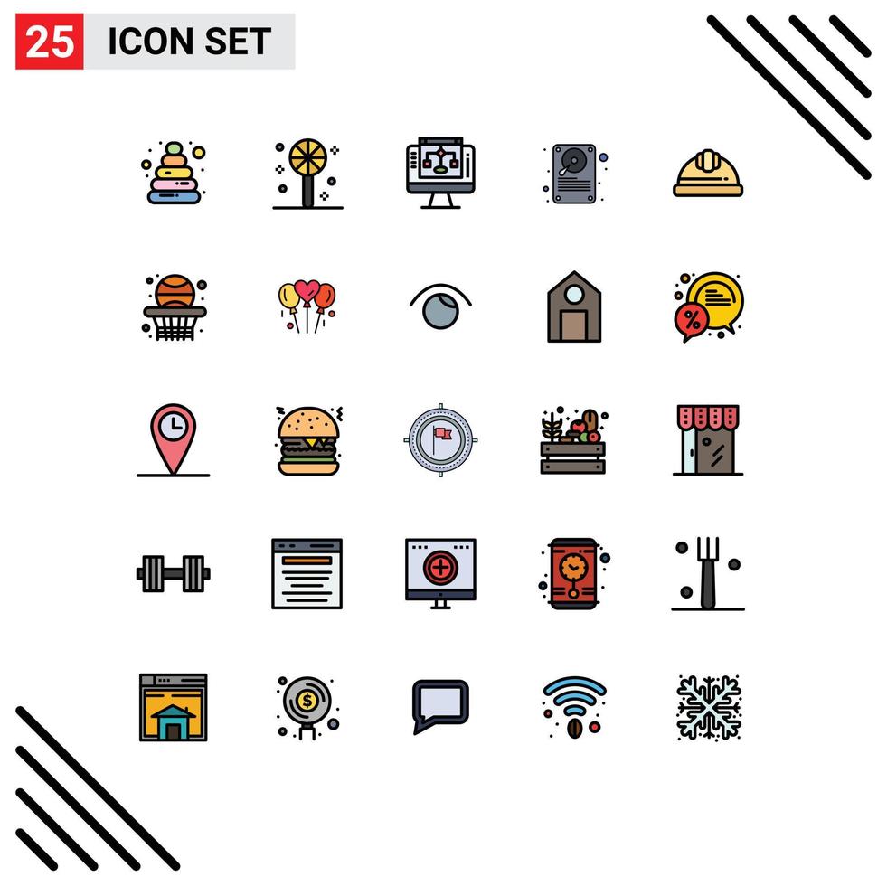 Modern Set of 25 Filled line Flat Colors and symbols such as labour helmet helmet server cap hardware Editable Vector Design Elements