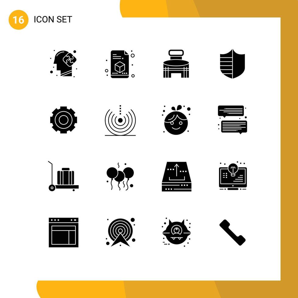 Mobile Interface Solid Glyph Set of 16 Pictograms of general shield exterior security protection Editable Vector Design Elements