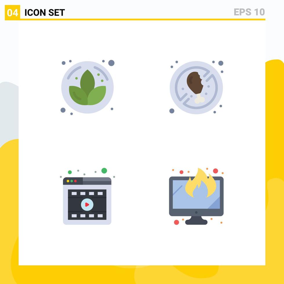 Group of 4 Flat Icons Signs and Symbols for lotus video no meat fresh display Editable Vector Design Elements