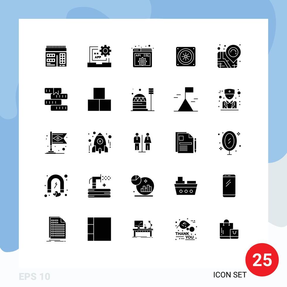 25 universal sólido glifos conjunto para web y móvil aplicaciones alfiler ubicación api ventilador computadora editable vector diseño elementos