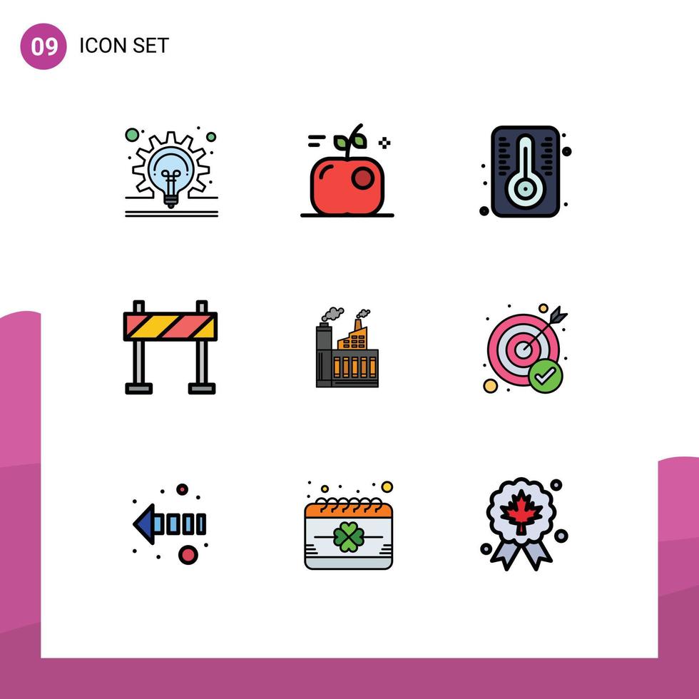 Pack of 9 creative Filledline Flat Colors of factory building degree industry barrier Editable Vector Design Elements