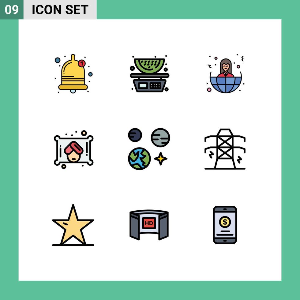 Group of 9 Filledline Flat Colors Signs and Symbols for space earth offshore planet towel Editable Vector Design Elements