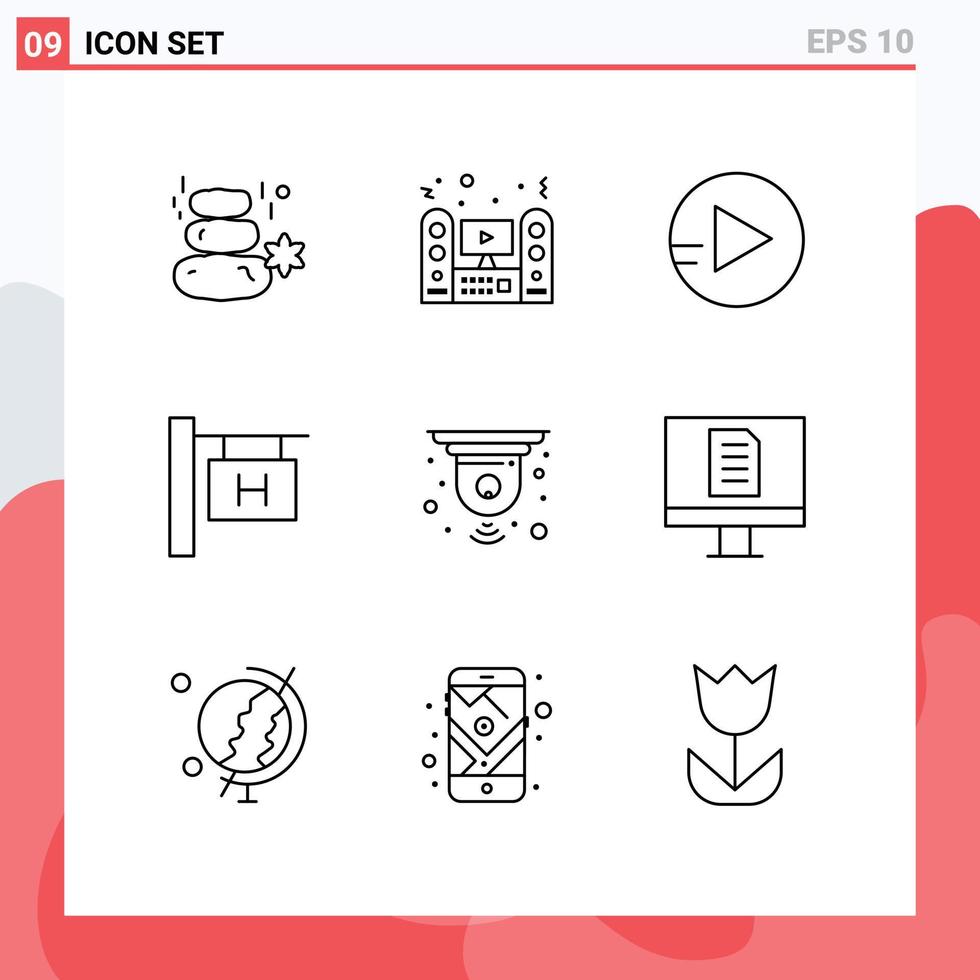 Universal Icon Symbols Group of 9 Modern Outlines of closed cctv sound vacation hotel sign Editable Vector Design Elements