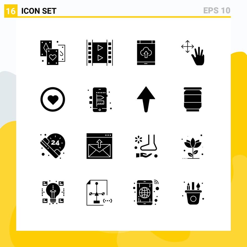 Pack of 16 Modern Solid Glyphs Signs and Symbols for Web Print Media such as interface gestures app finger upload Editable Vector Design Elements