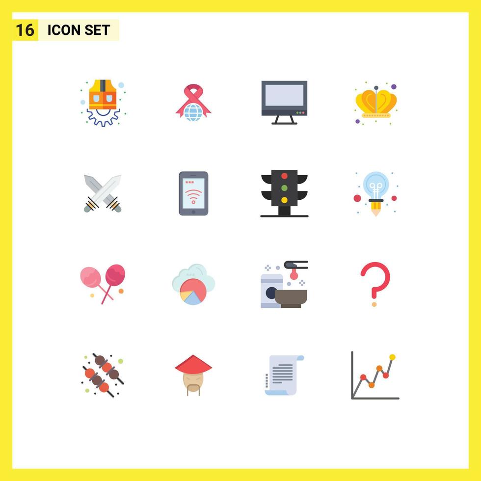 Pack of 16 Modern Flat Colors Signs and Symbols for Web Print Media such as fencing king computer empire pc Editable Pack of Creative Vector Design Elements