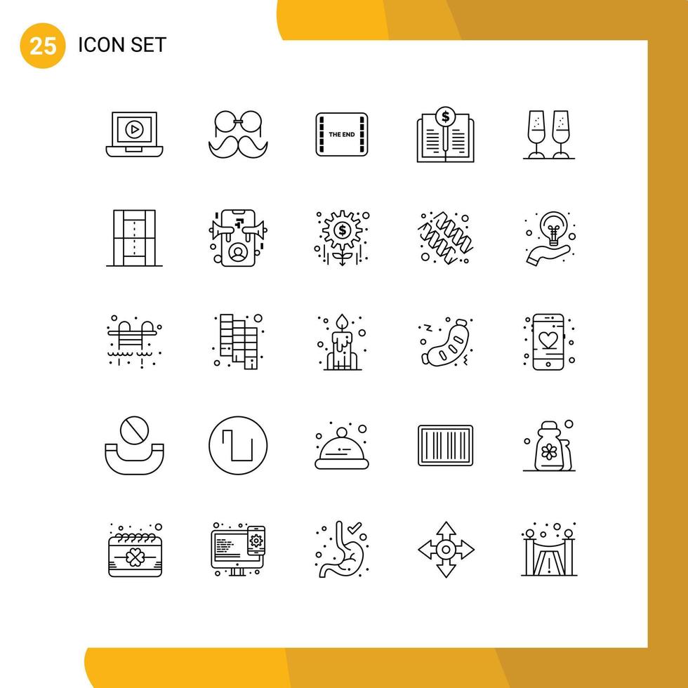 25 Universal Lines Set for Web and Mobile Applications champagne glasses investment end investing book Editable Vector Design Elements