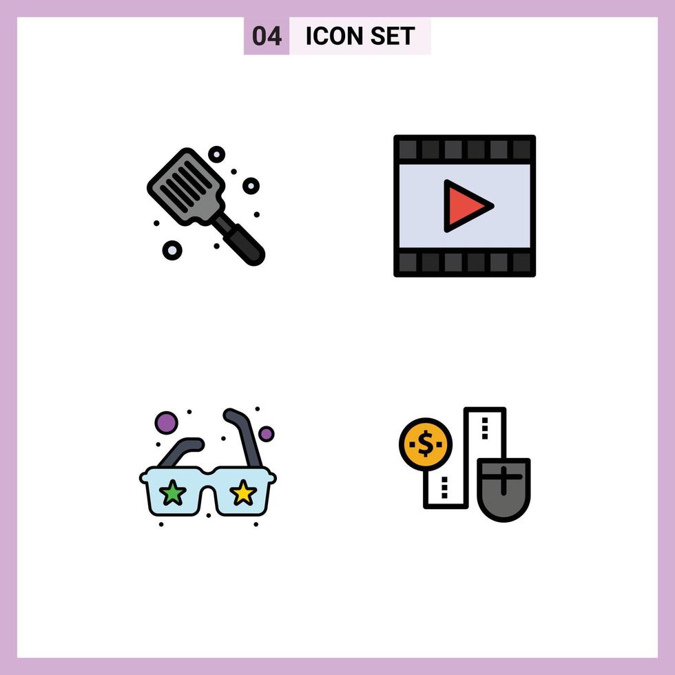 Set of 4 Vector Filledline Flat Colors on Grid for baked video player flipper media player sun Editable Vector Design Elements