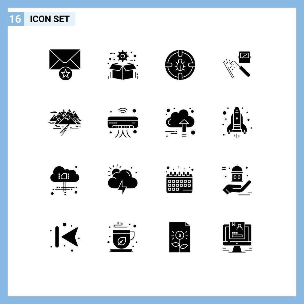 Modern Set of 16 Solid Glyphs Pictograph of industry mask bug machine security Editable Vector Design Elements