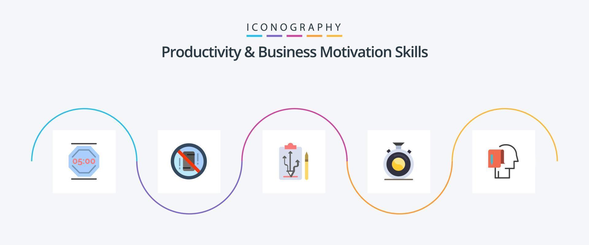 productividad y negocio motivación habilidades plano 5 5 icono paquete incluso meditación. reloj. apagado. pensar. estrategia vector