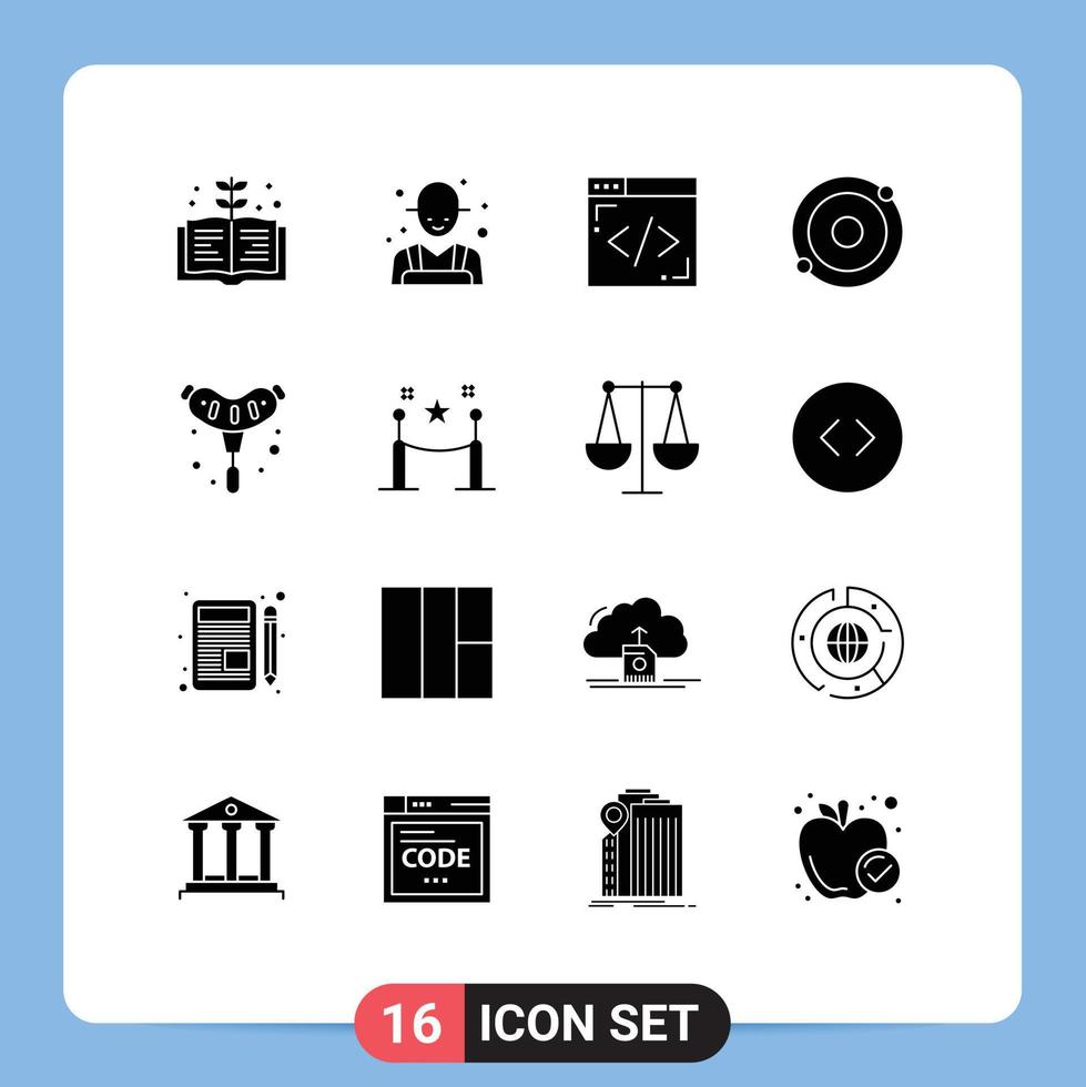 Group of 16 Modern Solid Glyphs Set for barrier rope grill internet food structure Editable Vector Design Elements