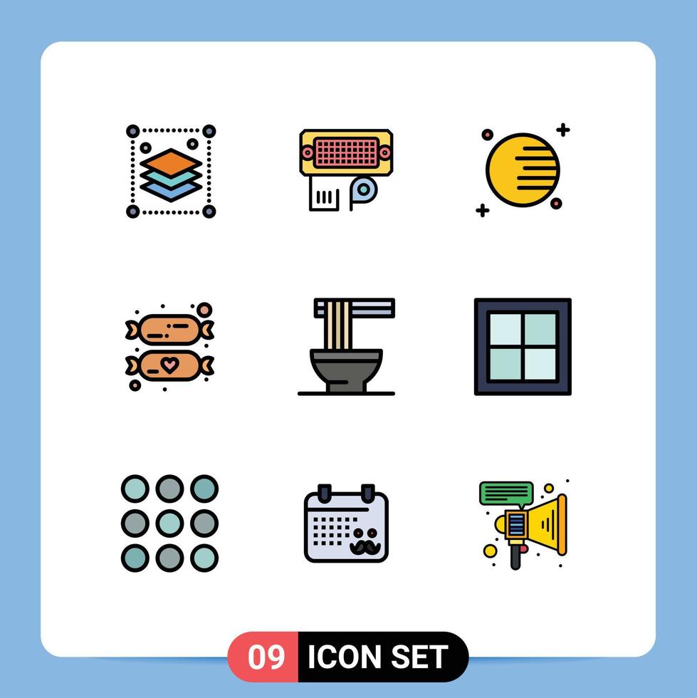 9 Universal Filledline Flat Color Signs Symbols of noodles chinese astronomy sweets candy Editable Vector Design Elements