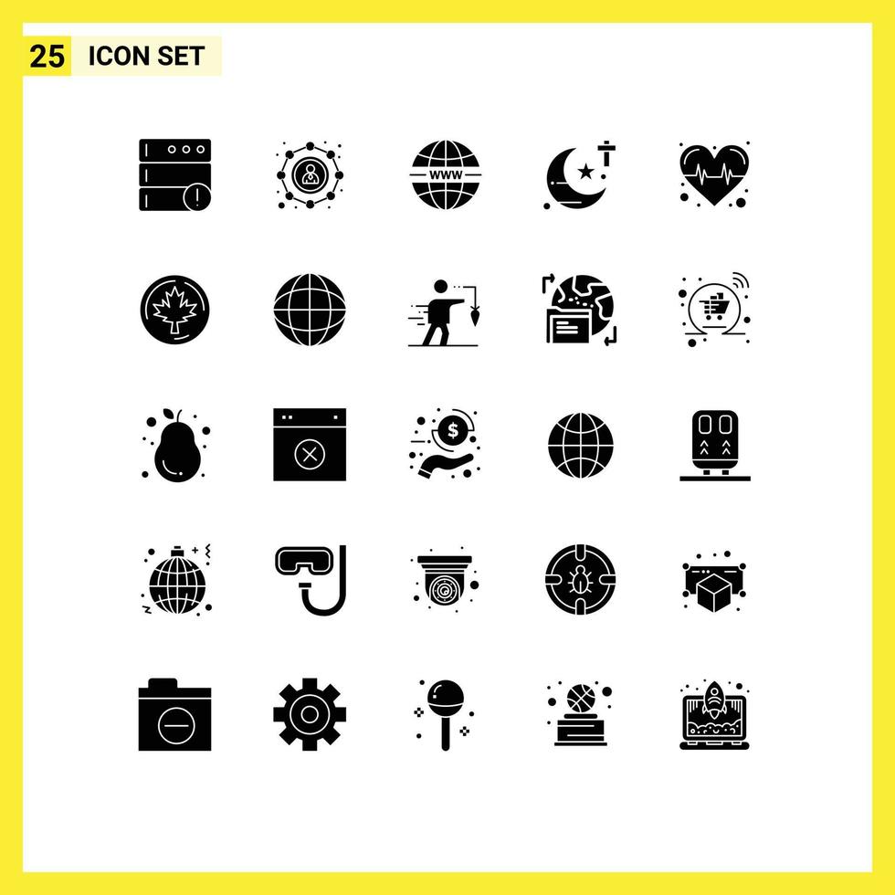 Modern Set of 25 Solid Glyphs and symbols such as pulse health security theology religious Editable Vector Design Elements