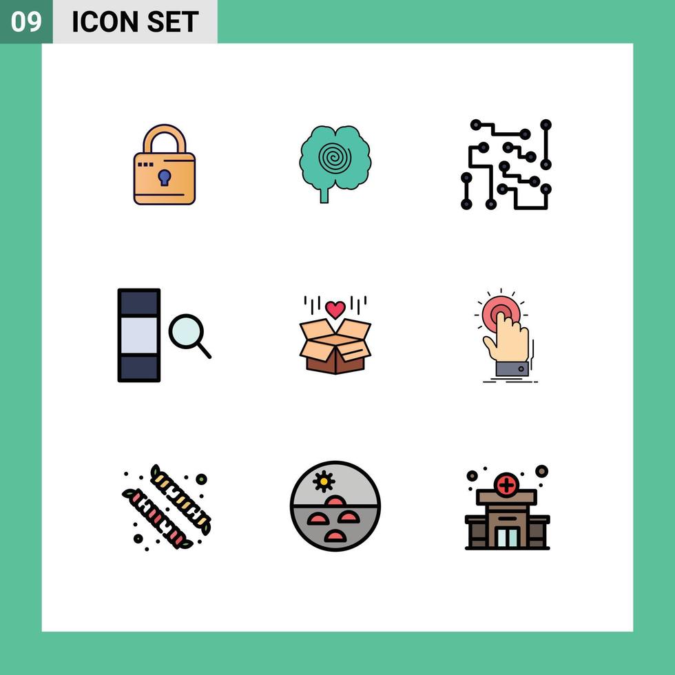 Pack of 9 Modern Filledline Flat Colors Signs and Symbols for Web Print Media such as box search biophysics data science Editable Vector Design Elements
